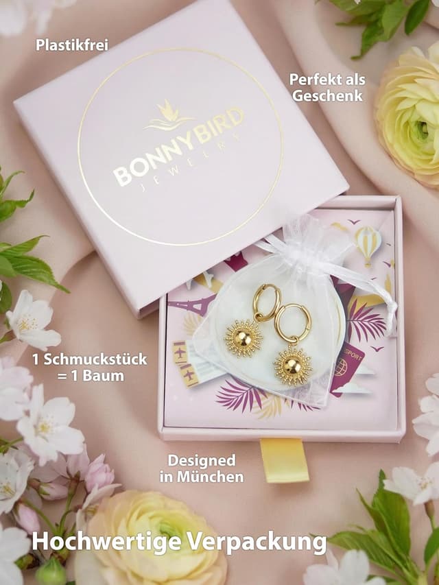 Detalle de BONNYBIRD BonnySun Wasserfeste Creolen aus Edelstahl (14 mm) in Silber, Gold & Roségold – sonnige Anhänger