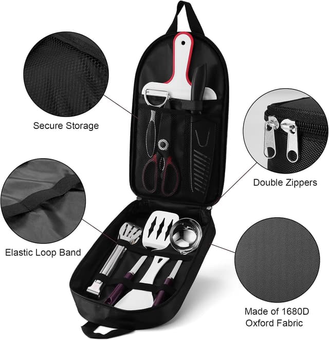Detalle de Odoland Set d’ustensiles de cuisine camping 8 en 1 avec sac de rangement