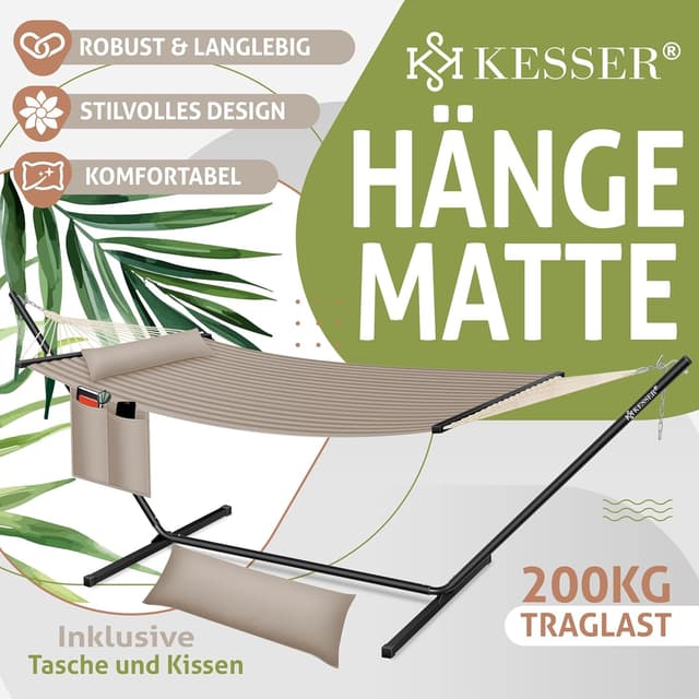 Detalle 2 de KESSER® Hängematte Hill mit Gestell, Kissen & Doppel-Hängesessel für 2 Personen (bis 200 kg) – Taupe