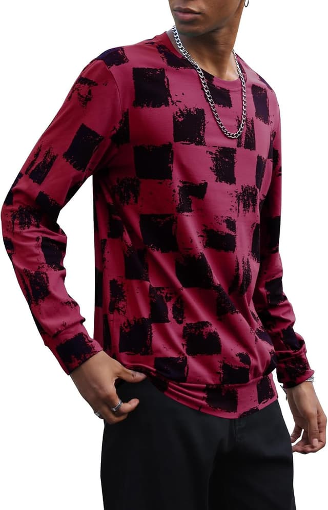 Detalle de PCEAIIH men’s checkerboard long-sleeve printed T-shirt with round neck