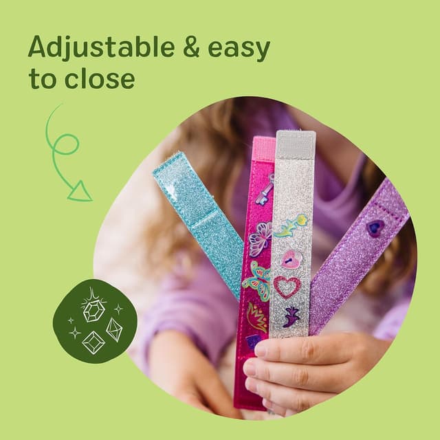 Detalle de Melissa & Doug „Entwirf Deine eigenen Armbänder“ – Kreativ-Set mit 4 Armbändern, Funkelsteinen & Glitzerstickern