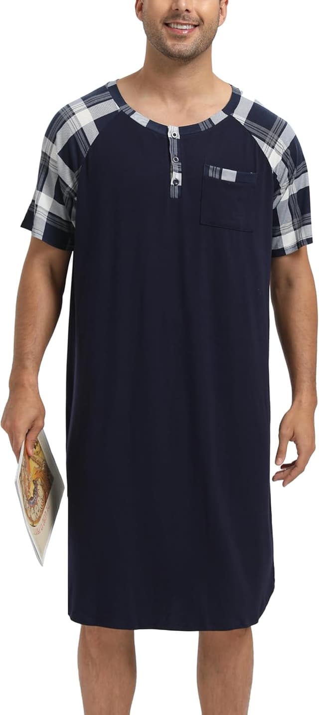 Detalle de Enjoyoself Herren-Nachthemd Kurzarm aus Baumwolle – langes Schlafshirt mit Knöpfen