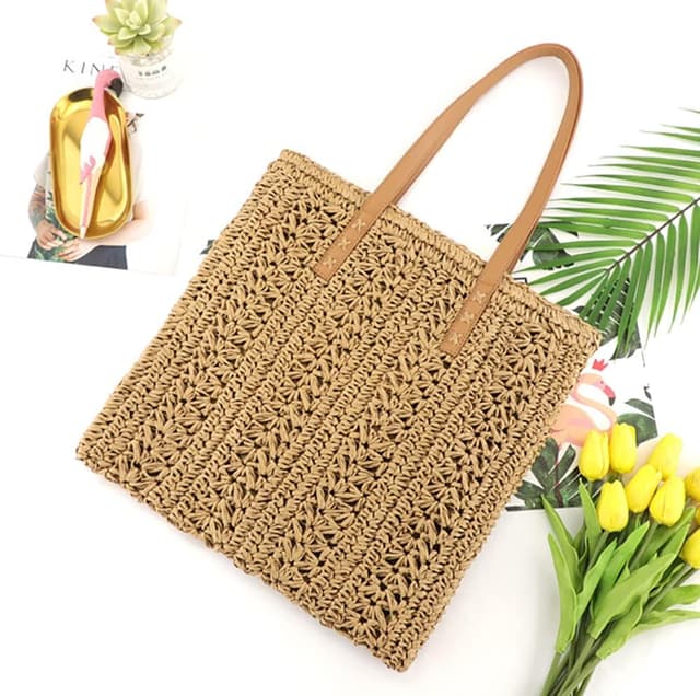 Detalle 2 de YXQSED Round Woven Straw Bag with Zipper, Leather Handles (Large Summer Beach Bag)