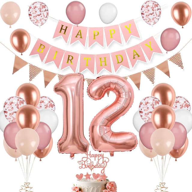 Detalle de 12. Geburtstag Deko-Set Roségold mit Zahl 12 Luftballons und „Happy Birthday“-Banner (für Mädchen & Frauen)