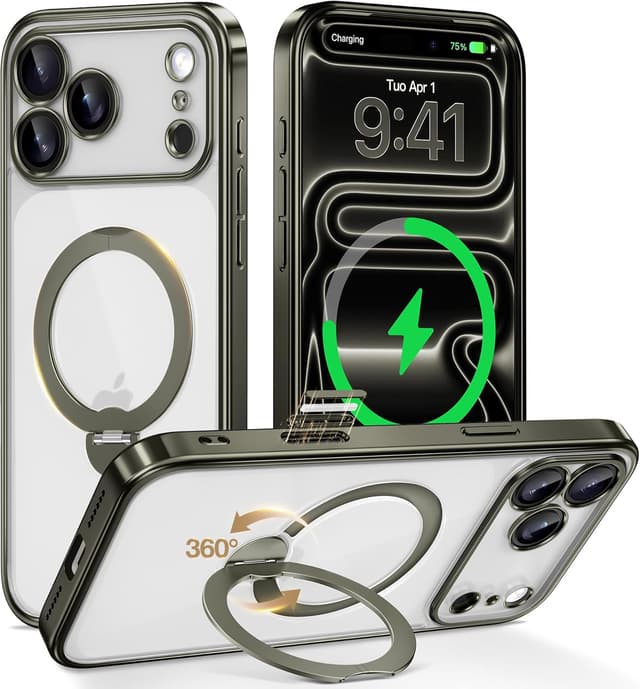 Detalle de GolbinBox for iPhone 17 Pro Max Case with 360° Spin Magnetic Stand (MagSafe Compatible) — Titanium Gray/Clear