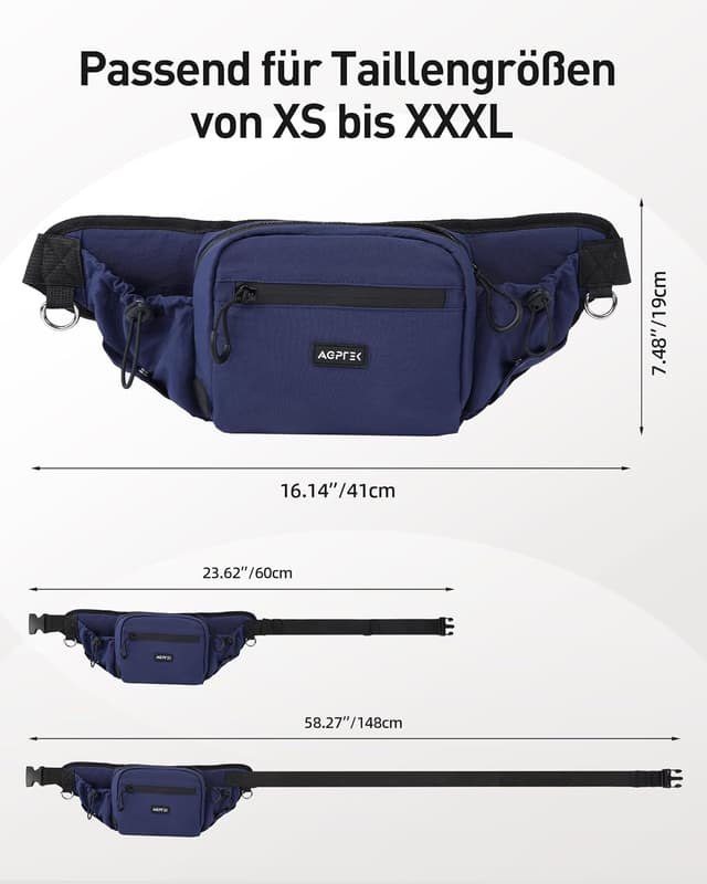 Detalle de AGPTEK Bauchtasche für Hunde mit Leckerli-Tasche, Kotbeutel-Spender und ausziehbaren Flaschenhaltern – Blau