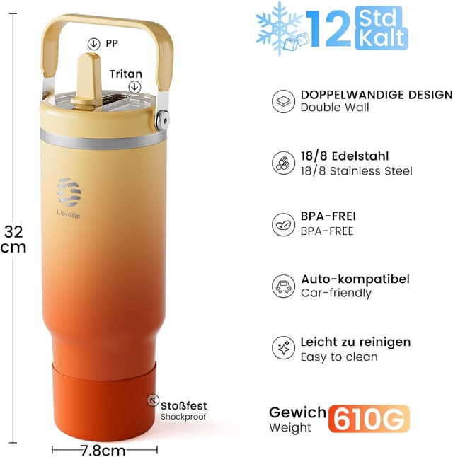 Detalle de Edelstahl-Trinkflasche von Fjbottle mit Strohhalm, 1.200 ml – bis zu 12 Std. kalt, auslaufsicher