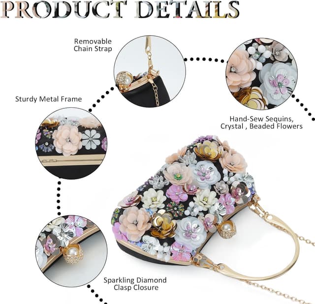 Detalle de Fecialy 3D Floral Flower Clutch Purse for Women with Wristlet and Detachable Chain Strap
