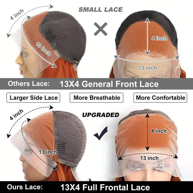 Detalle de FFEGG Ginger Orange Bob Wig (13x4 HD Transparent Lace Frontal, Human Hair) — Straight Short Bob