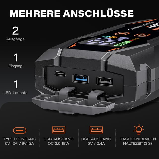 Detalle 2 de A2C Starthilfe Powerbank 12V – 16.800 mAh Jump Starter mit 3 USB, LED und Starthilfekabel