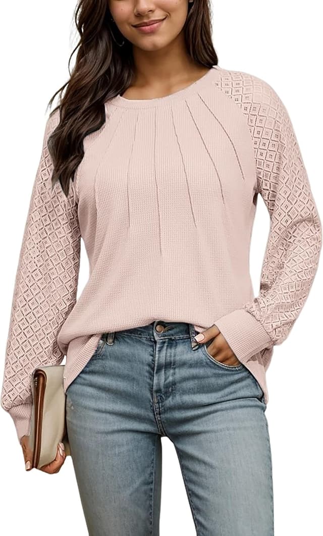 Detalle de Timuspo Spitzen Oberteil Damen aus Waffelstrick – Rundhals Tunika mit langen Ärmeln