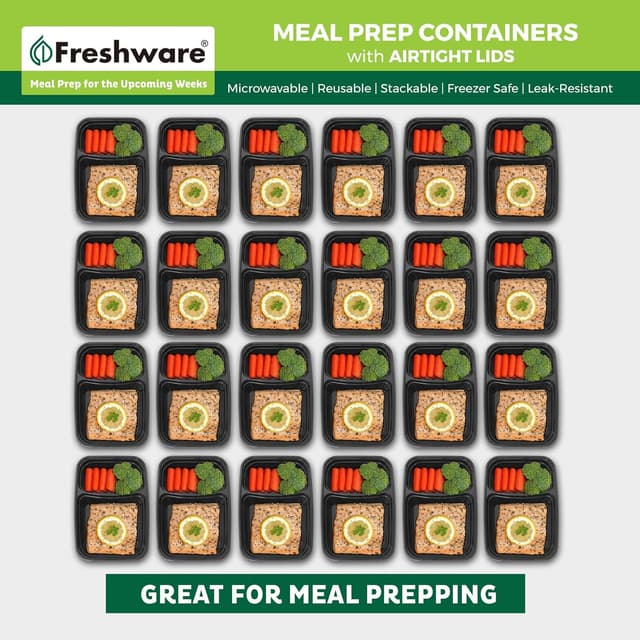 Detalle de Freshware Meal Prep Containers (50 Count) 2-Compartment BPA-Free Bento Boxes, 28 oz, Stackable Lids