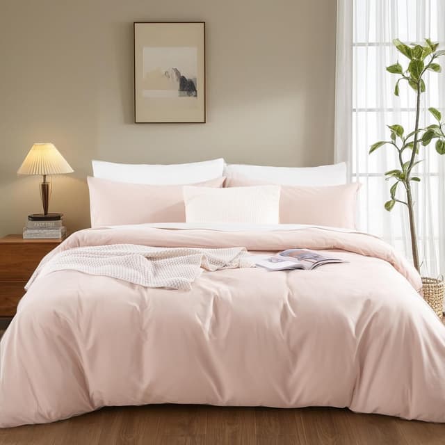 Detalle 2 de NEXHOME PRO Queen Linen-Look Washed Cotton Duvet Cover Set (Greyish Light Pink) with Zipper Closure