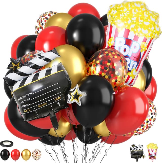 Detalle de Movie Night Party Balloons (35 pcs) Red, Black & Gold Confetti with Film Clapboard & Pop Corn Foil Balloon