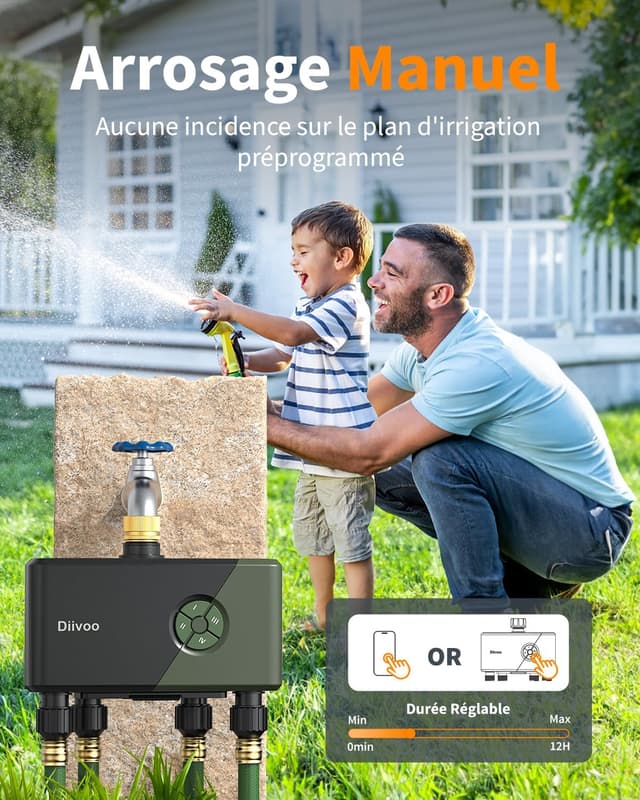 Thumbnail 6 de Diivoo Programmateur d’arrosage WiFi 4 voies avec entrée laiton et commande vocale (Alexa/Google Assistant)