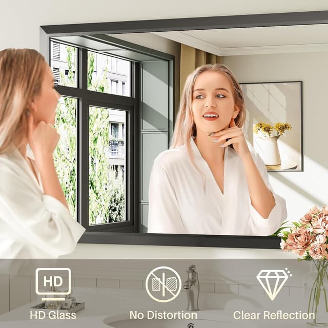 Detalle 2 de Briivue 36x36 Black Bathroom Mirror (Thick Metal Frame, Anti-Rust, Beveled Tempered Glass)