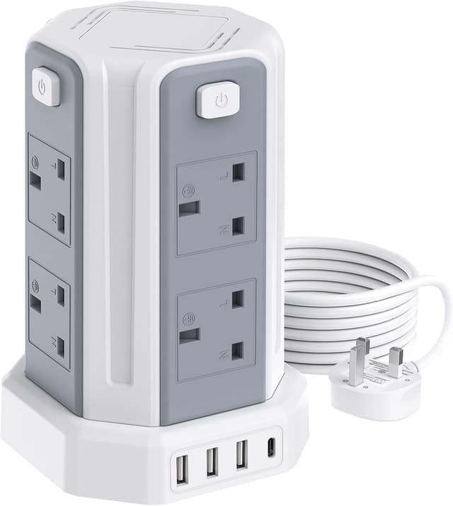Detalle de Sameriver Tower Extension Lead (13A 3250W) with 4 USB Ports and 8-Way Tower, Surge Protection, 2m Lead
