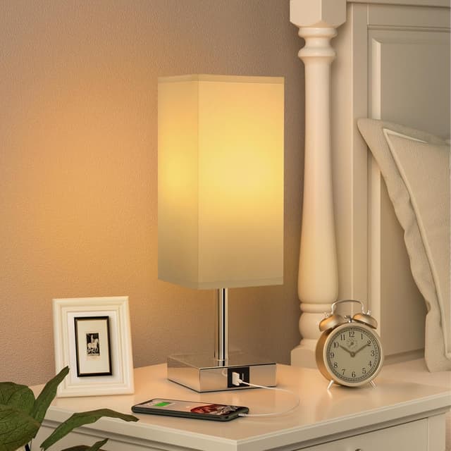 Detalle de Aooshine Bedside Lamp with Touch Control and Dual USB A+C Charging (3-way dimmable, white fabric shade)