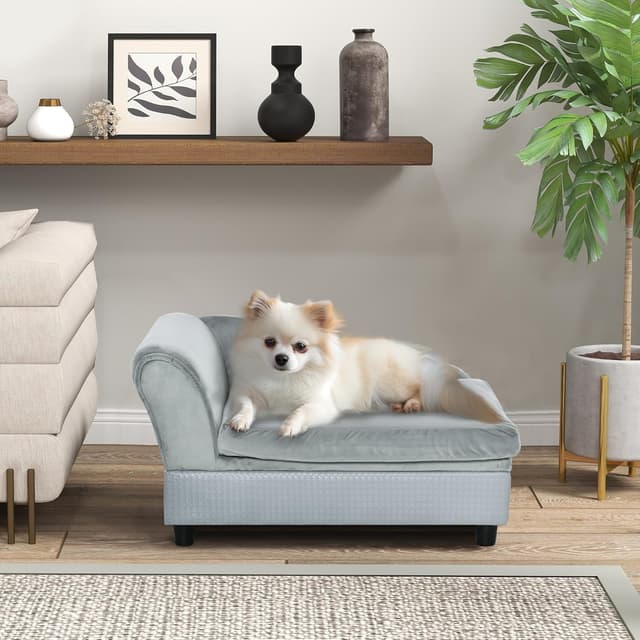 Detalle 2 de PawHut Canapé pour chien et chat sur pieds avec coffre de rangement et coussin amovible Gris clair (76 x 45 x 43 cm)