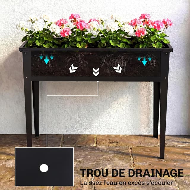 Detalle de Potager sur pieds Outsunny 80 L en métal, 100 x 40 x 80 cm (noir)