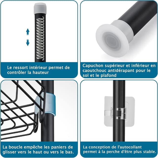 Detalle 2 de FIISAYL étagère de douche télescopique sans perçage en acier inoxydable (4 plateaux) réglable 85–325 cm – Noir