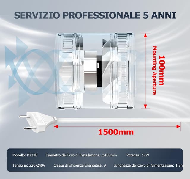 Detalle 2 de BUMSOU Estrattore aria 100 mm con velocità regolabile e protezione surriscaldamento