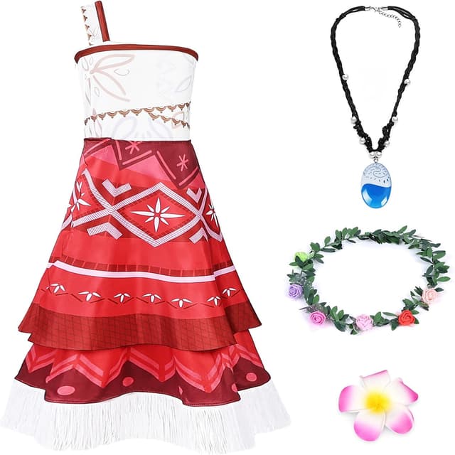 Detalle de AUYAO Kinder Prinzessin Mädchen Kostüm-Set (4-teilig) im Vaiana-/Sommerkleid-Look inkl. Blumenkranz & Zubehör