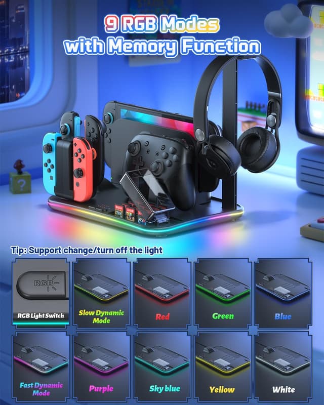 Detalle 2 de FASTSNAIL RGB Controller Ladestation für Switch / Switch OLED (für Joy-Cons & Pro Controller), extra große Standstation