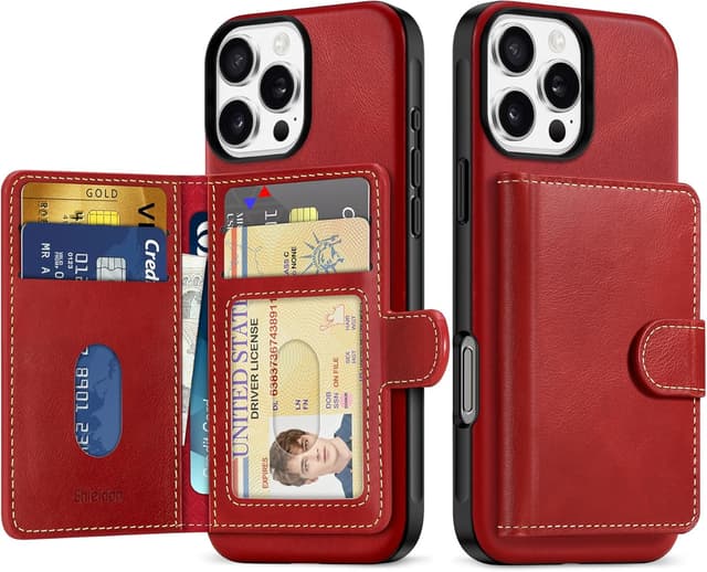 Detalle de SHIELDON Echtleder Wallet Hülle für iPhone 16 Pro Max – RFID-Blocker, 6 Kartenfächer, ID-Fenster (Nicht abnehmbar) – Retro Rot