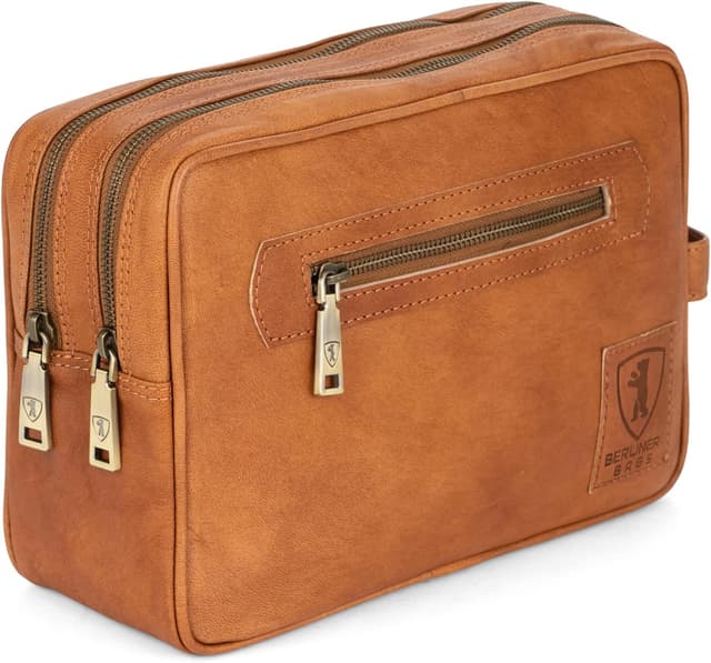 Detalle de Berliner Bags Vintage Kulturbeutel Paul aus Leder – braune Kulturtasche für Damen & Herren (28 x 19 x 10 cm)