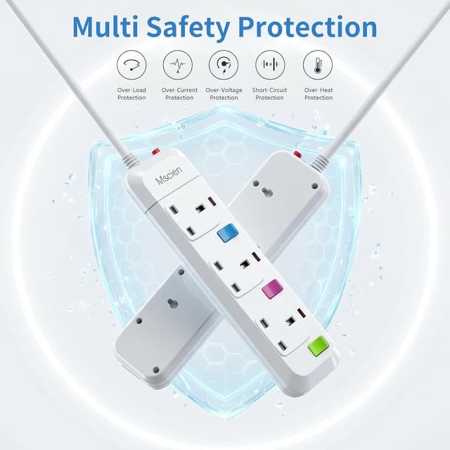 Detalle de Mscien 1 Metre Extension Lead 3-Way with Individual Switches & Fused Protection (2500W)