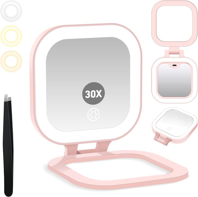 Detalle de GOMIPURU Travel Mirror with Light (1x/30x) with Adjustable Brightness, 3 Color LEDs and Tweezer
