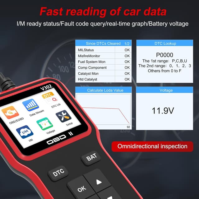Detalle de OBD2 Car Fault Code Reader (Wired) V302 for 1996+ OBD-II Vehicles — Live Data, Freeze Frame & EVAP Test