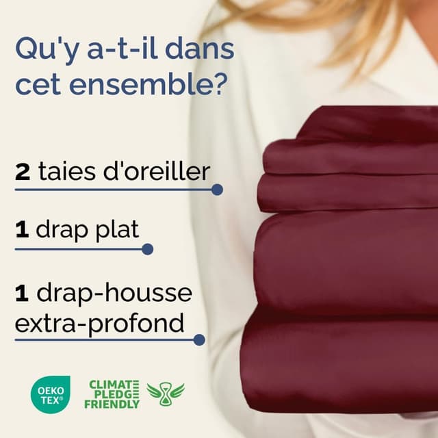Detalle 2 de Ensemble de draps CGK Unlimited 4 pièces Bourgogne : drap plat, drap-housse 180x200 et 2 taies 50x80
