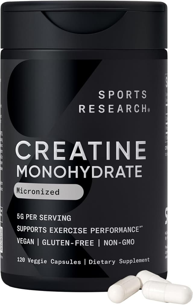 Detalle de Sports Research Creatine Monohydrate Capsules (5g per serving) — non-GMO, vegan capsules for workout strength & recovery