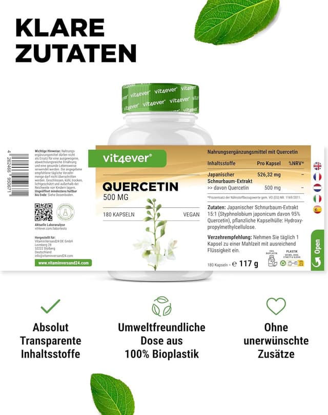 Detalle de vit4ever Quercetin 500 mg – 180 Kapseln (6-Monatsvorrat) mit 15:1 Schnurbaum-Blütenextrakt, vegan