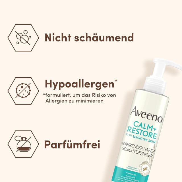Detalle de Aveeno CALM+RESTORE Gesichtsreiniger mit präbiotischem Hafer & Mutterkraut (200 ml) – sanfte Reinigung für sensible Haut