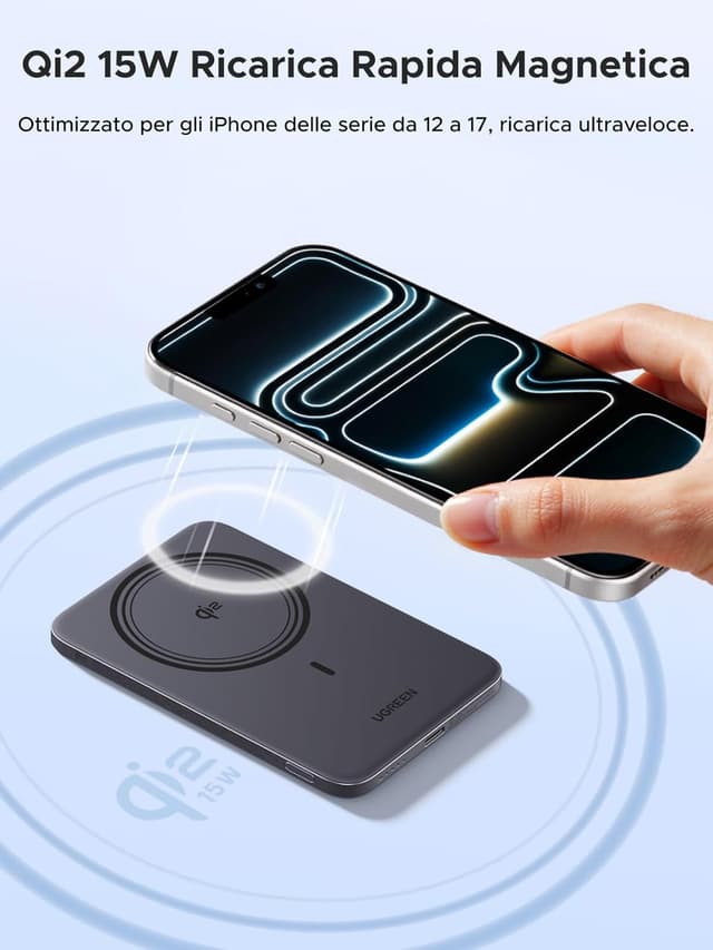 Detalle de UGREEN MagFlow Air Qi2 15W — power bank esterno ultrasottile 5.000 mAh con MagSafe e ricarica USB‑C PD 20W