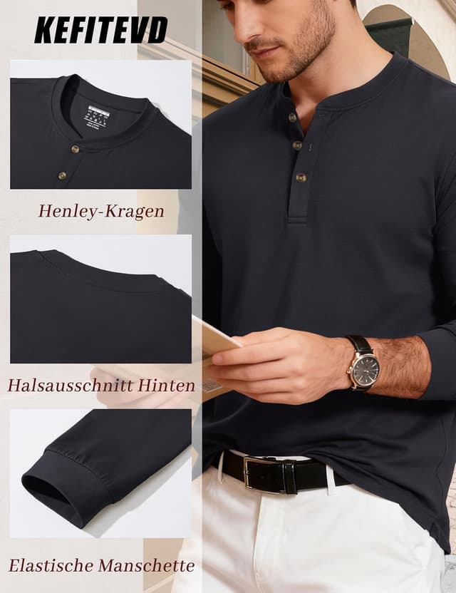 Detalle de KEFITEVD Henley-Hemd Langarm für Herren aus Baumwolle mit Knopfleiste