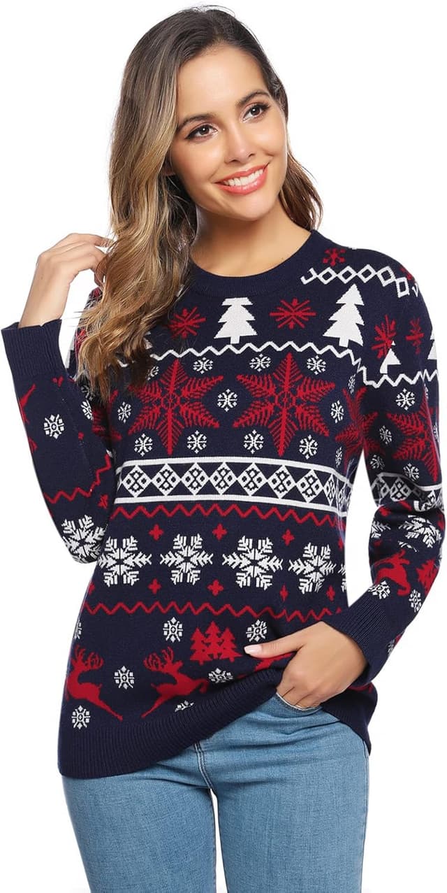 Thumbnail 6 de Litherday Pull de Noël unisexe en tricot épais à col rond imprimé flocons, renne et sapin