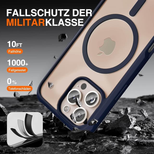 Detalle 2 de Leedia Handyhülle für iPhone 16 Pro Max mit integriertem 9H Display- und Kameraschutz (Magsafe, 360° Full-Protection) in Blau