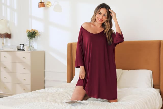 Detalle de Bresdk Chemise de nuit femme manches 3/4 en coton modal et élasthanne (grand format, col en V)