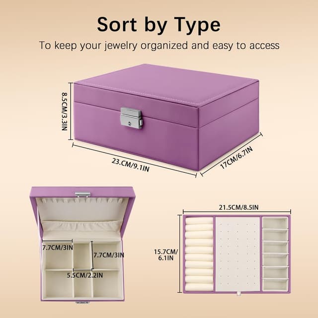 Detalle de Homeanda Jewellery Box with Lock (Purple) – 2-layer leather organiser for necklaces, earrings, rings and bracelets