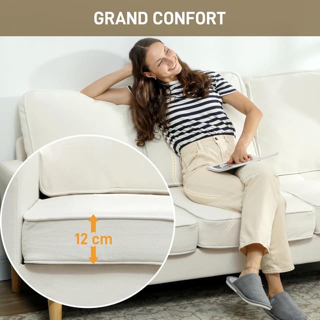 Detalle 2 de HOMCOM Canapé 3 places en velours crème avec coussins épais et assise capitonnée