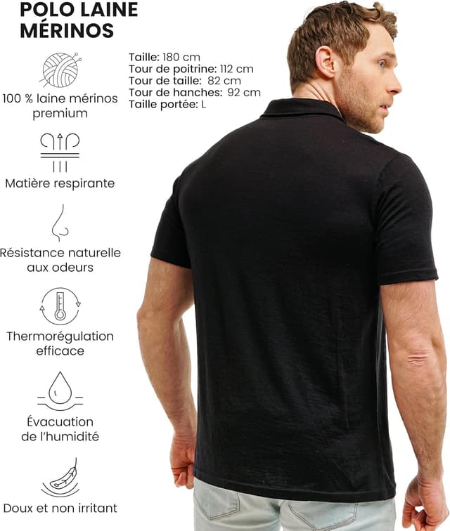 Detalle de Merino.tech Merinos Polo Homme en laine mérinos (100%) — polo léger manches courtes ou longues