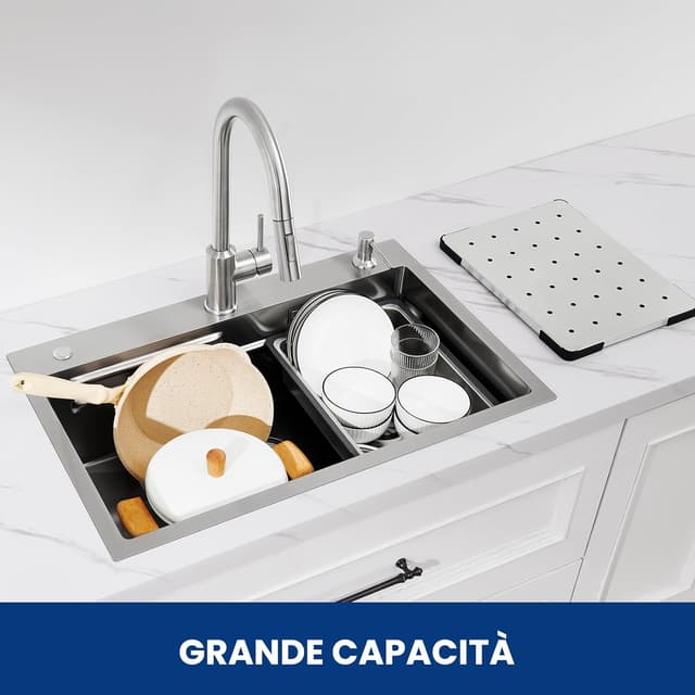 Detalle de CECIPA Lavandino Cucina 70x45 cm in acciaio inox con 1 vasca, dispenser sapone e tagliere