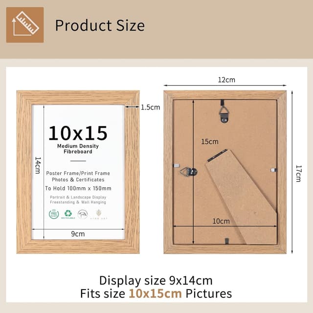 Detalle 2 de 10x15 & 4x6 Picture Frames Set of 3 with Perspex Glass and Natural Wood Effect (wall or table top)