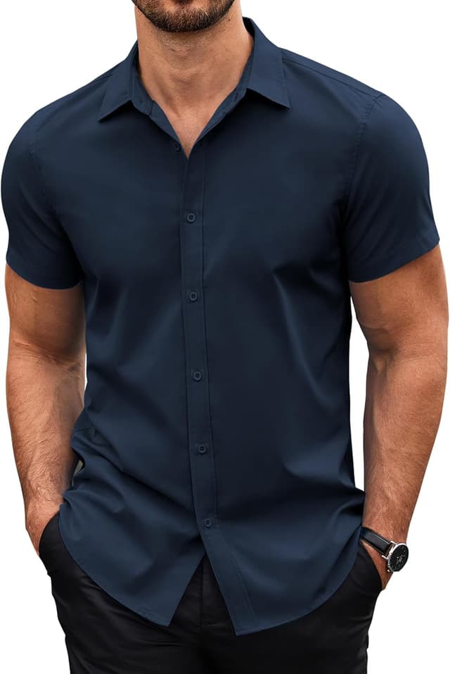 Detalle de COOFANDY Herren Hemd Kurzarm „Basic Shirt“ Regular Fit (XS–4XL) – bügelleicht & antiarrugas