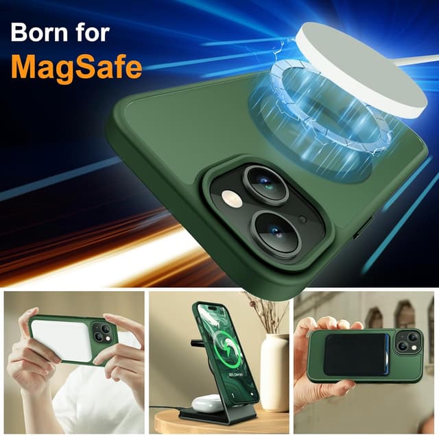 Detalle de ORETECH magnetische Hülle für iPhone 15 Plus (6,7") mit 2 Schutzfolien + Kameraschutz, stoßfest, Mag-Safe-kompatibel – Grün