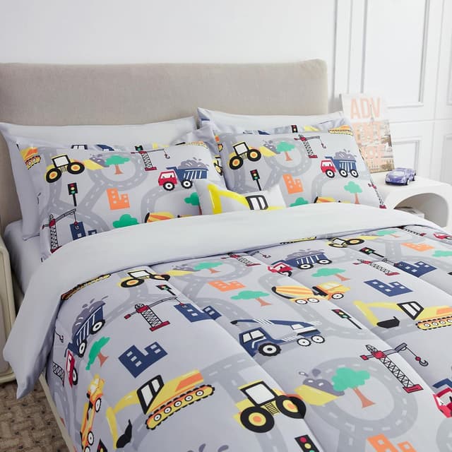 Detalle de Mooreeke Kids Twin Comforter Set (6-Piece) in Excavator Grey – Microfiber Bedding “In a Bag”